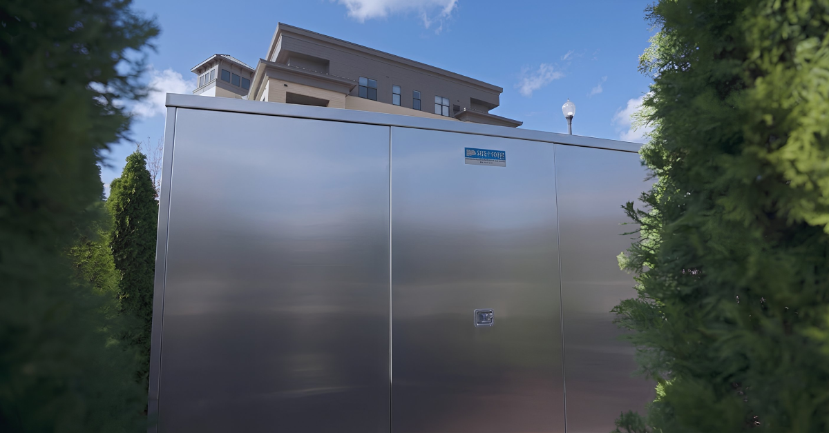 A marine-grade aluminum enclosure by Safe-T-Cover surrounded by evergreen trees