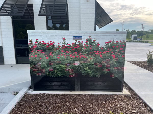 An aluminum enclosure with a custom vinyl wrap that blends the enclosure into the building next to it.