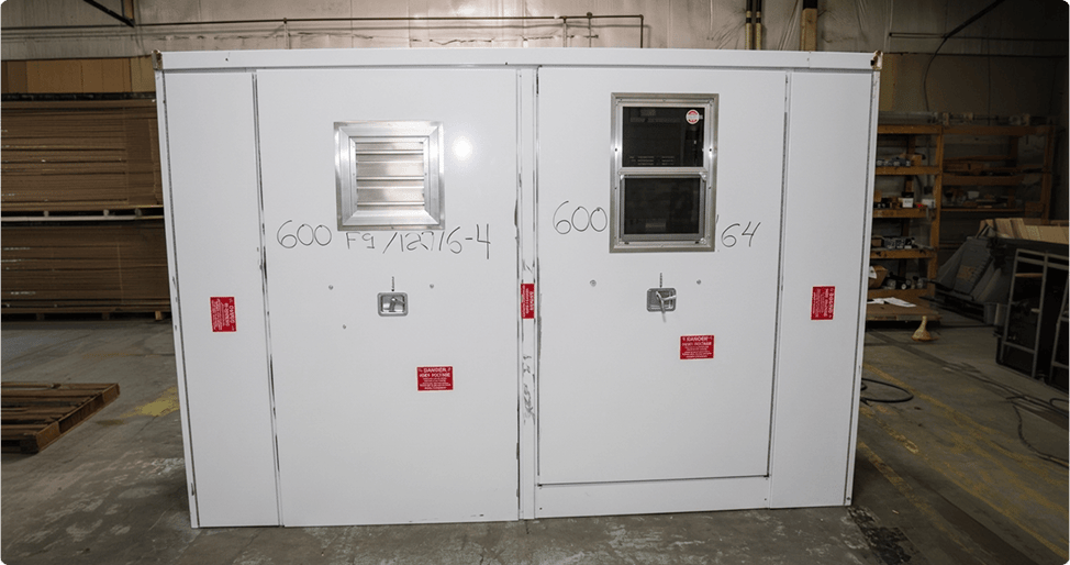 An enclosure in the Safe-T-Cover manufacturing facility that uses CFAB cellulose insulation