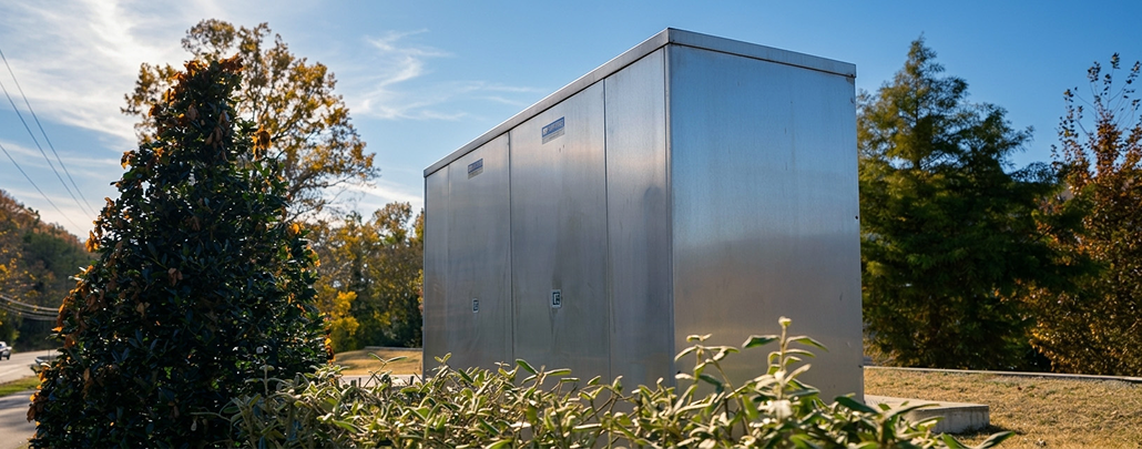 Backflow preventer enclosures like this aluminum, above-ground enclosure, protect the equipment inside.