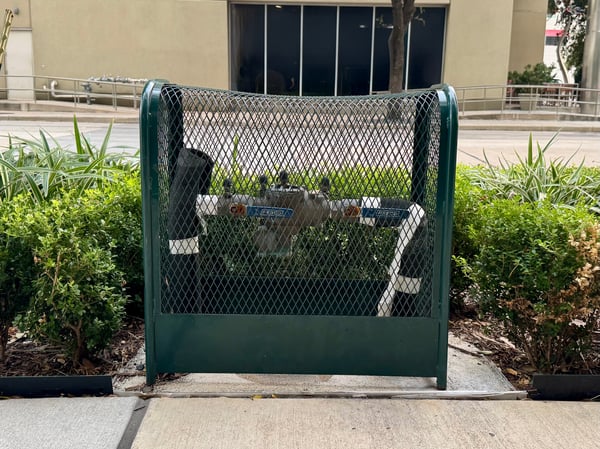 A backflow security cage in Houston, Texas, wrapped with foam to try to provide freeze protection.