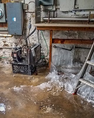 Image of basement damage from cracked water pipes. AMI Water Meters can provide alerts that would mitigate this type of damage