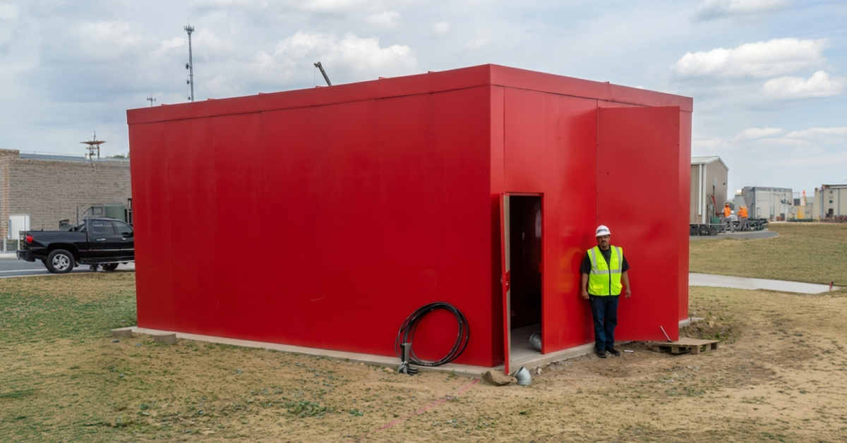 A large red aluminum modular enclosure fire pump with a man showing scale