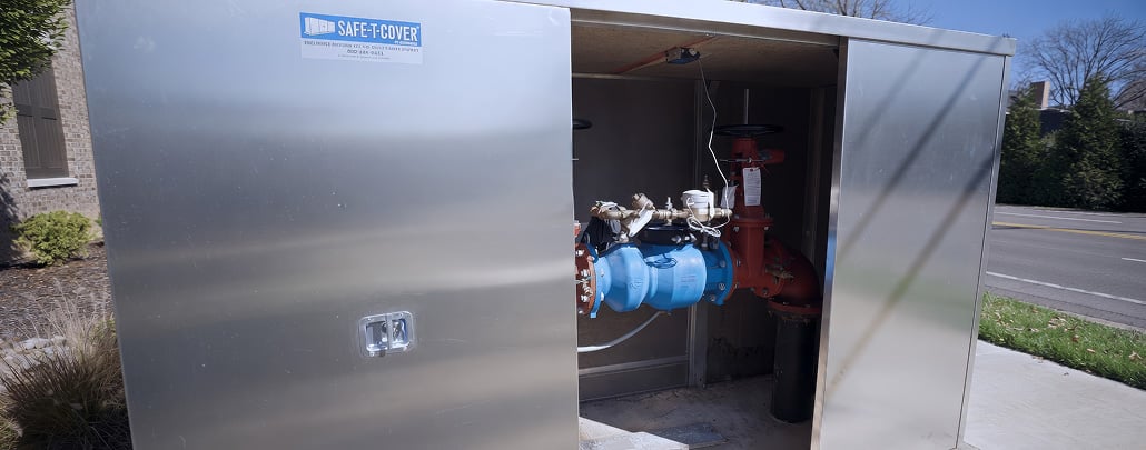 An RPZ enclosure made from marine grade aluminum with the Safe-T-Cover brand logo sticker on the front. 