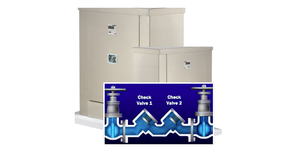 Two custom RPZ enclosures behind an image of an RPZ valve