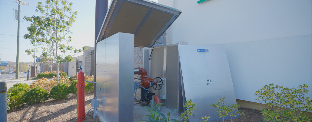 Safe-T-Cover enclosure features shown on an above-ground aluminum enclosure