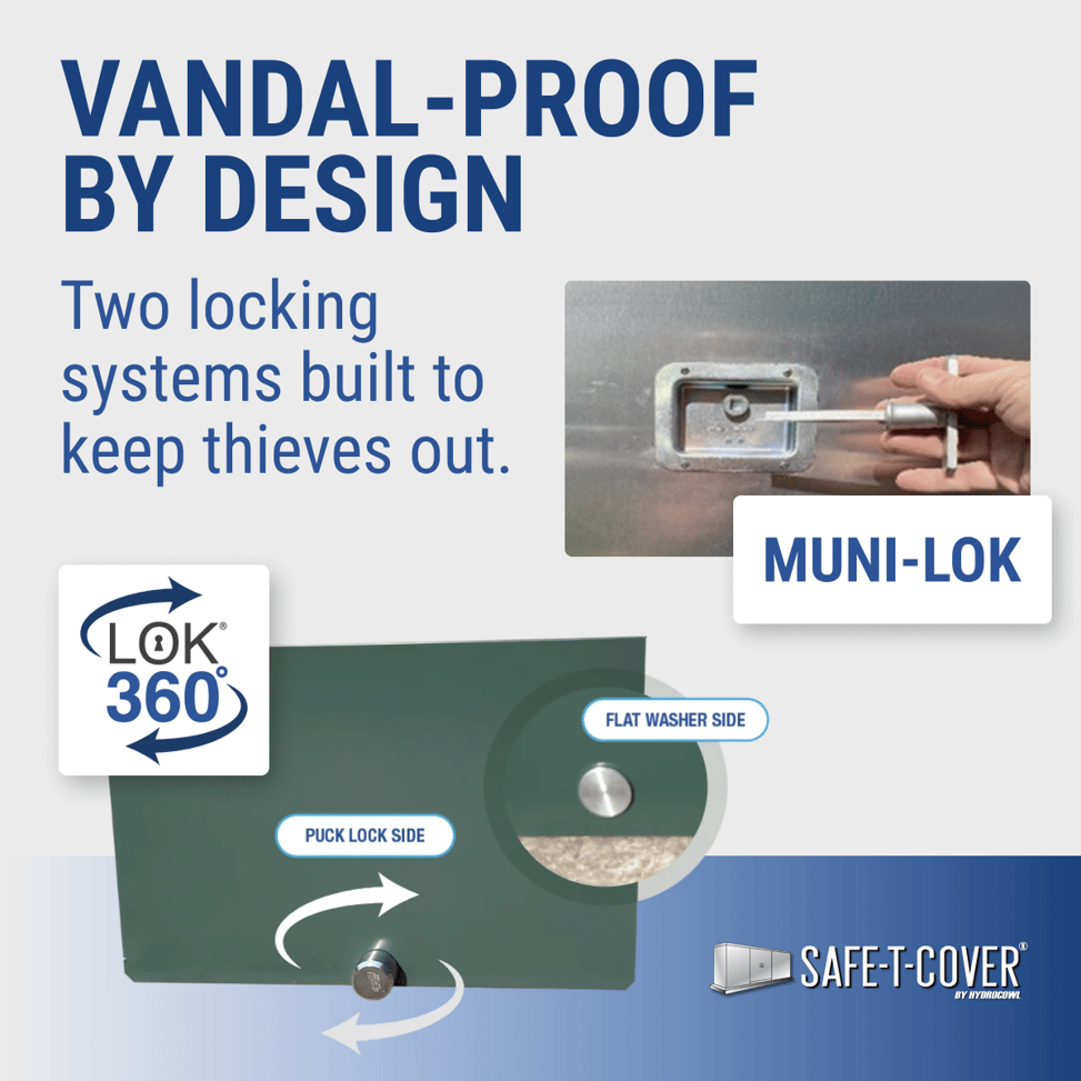 LOK 360 and MUNI-LOK are two vandal-proofing methods used to lock Safe-T-Cover enclosures
