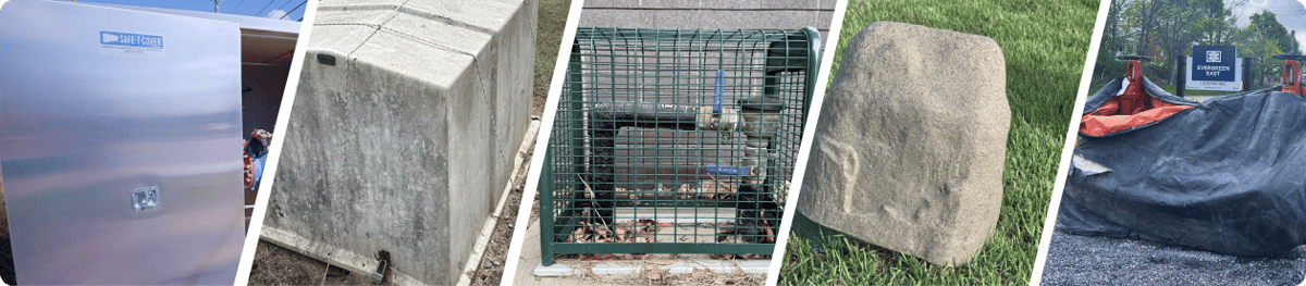 Types of backflow enclosures: aluminum, fiberglass, cages, fake rocks, and bags.