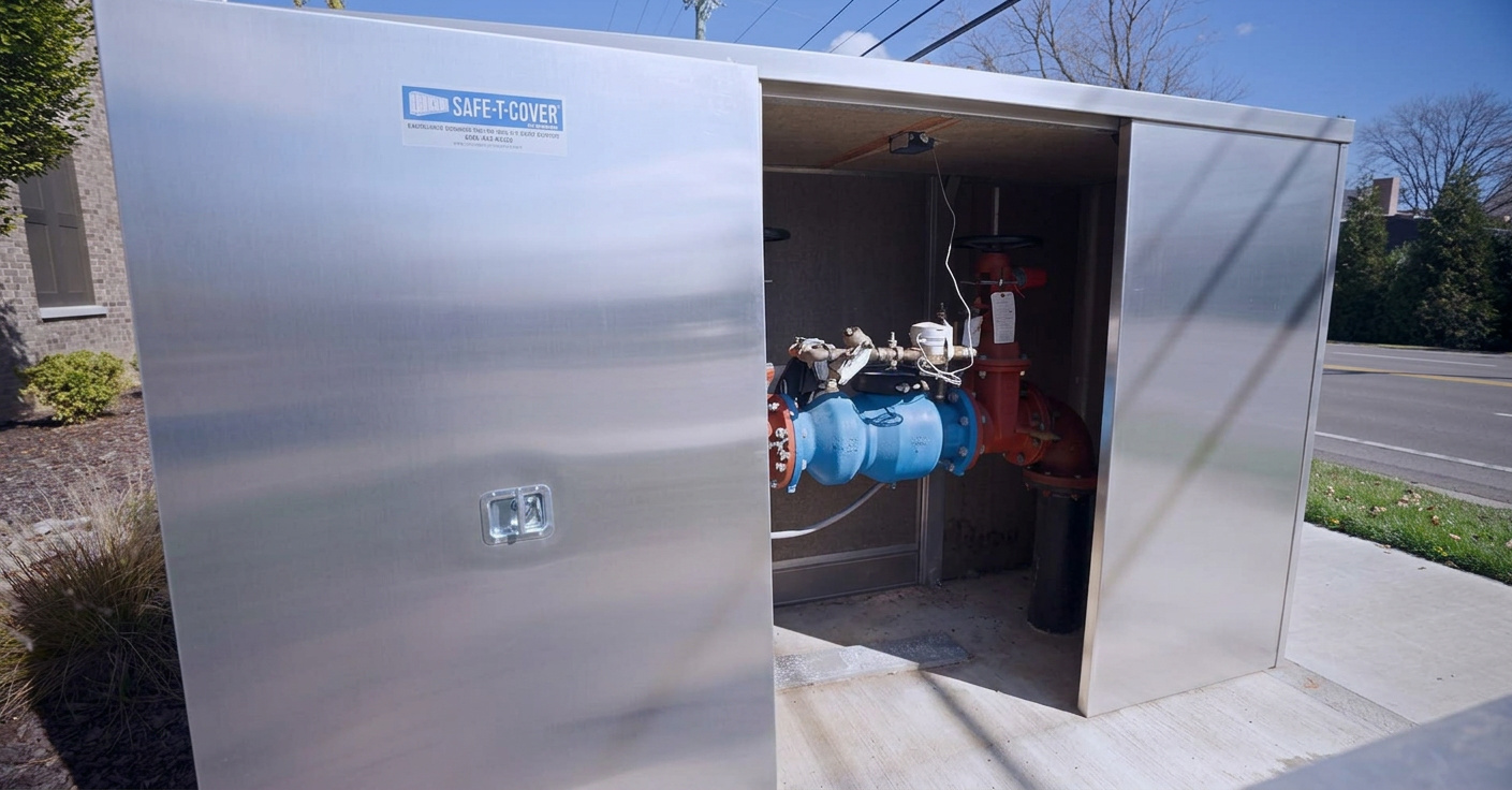 backflow preventer enclosure with door open