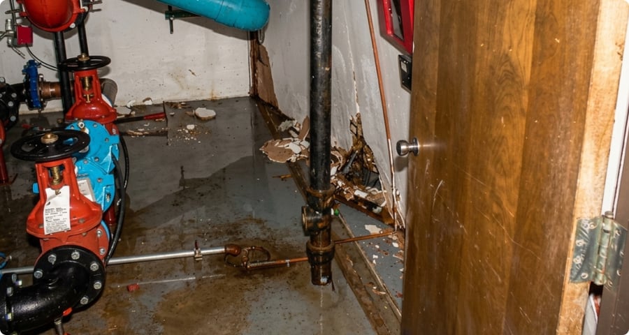 A Wilkins 375 4” RPZ valve in a typical mechanical room setup that flooded and damaged the wall leading to a wiring room.
